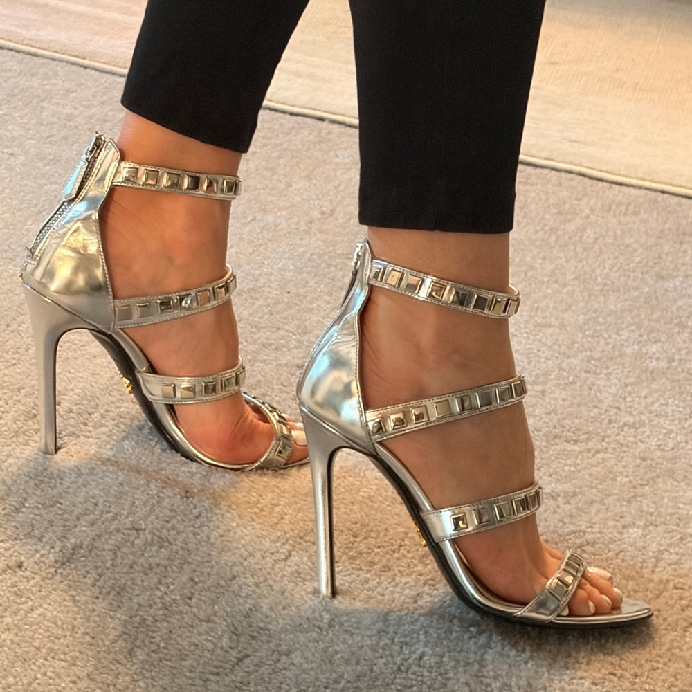 Prada Metallic Silver Strappy Heels Sz 37
